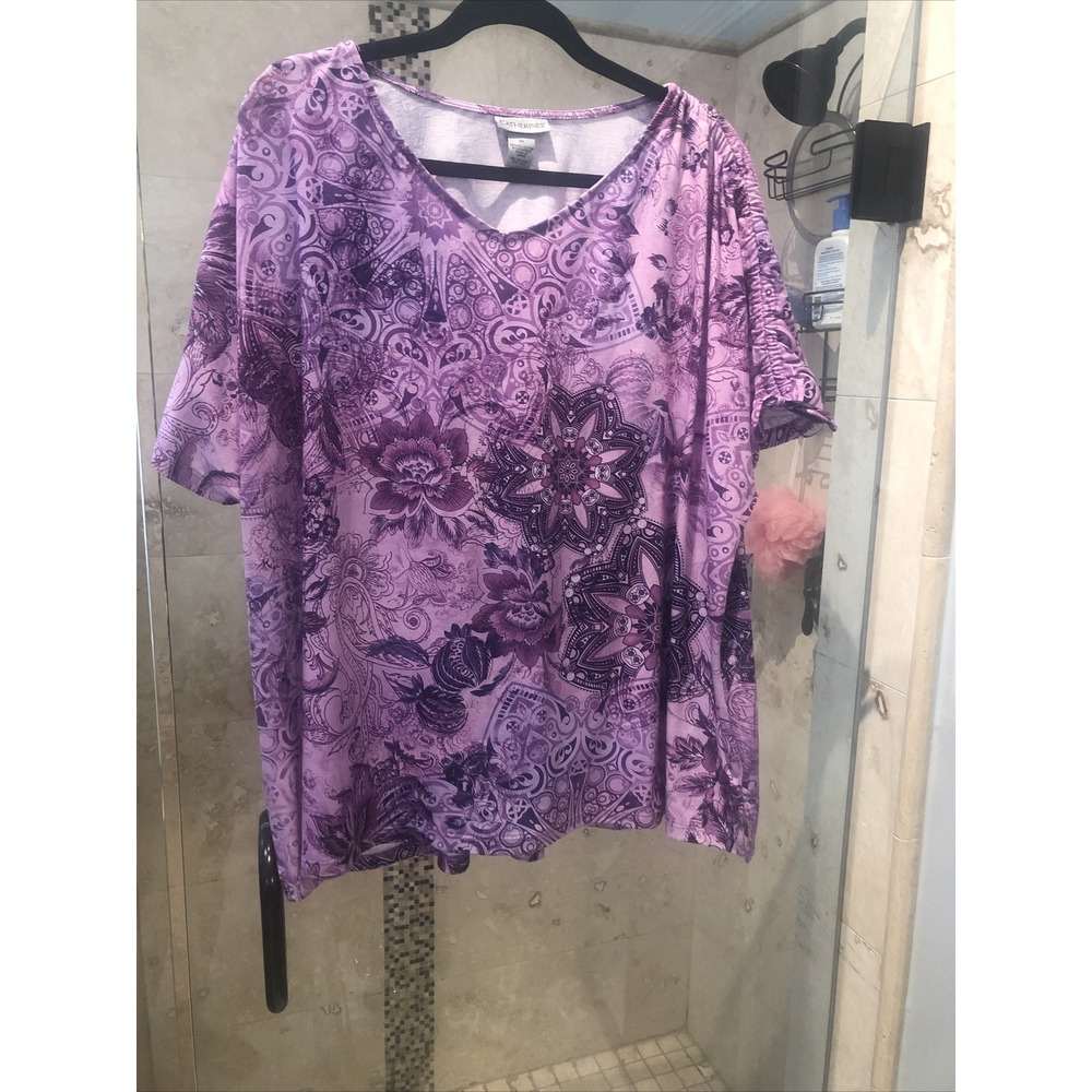 Catherines Women 3X 26/28 Lavender Purple Geometric Ruched Sleeve Top NWT